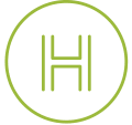 A green circle with a black background and a letter H in the middle.