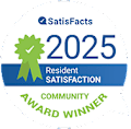 A badge indicating a community award winner for resident satisfaction in 2025.