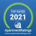 a blue banner with a green circle and the words top rated 2021 at Painters Mill Apartments, Randallstown, Maryland