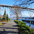 A bridge crosses over a body of water.