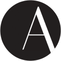 a logo with a white triangle inside of a black circle