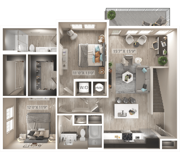 a 3d floor plan of a house at Icon Apartment Homes at Ferguson Farm, Bozeman, Montana