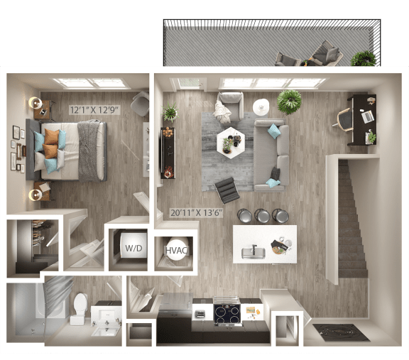 a1 floor plan  1 bedroom with 2 baths  at Icon Apartment Homes at Ferguson Farm, Bozeman, Montana