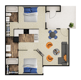 2-bedroom, 2-bathroom B1 floor plan layout at The Place at 2120 in Tucson, AZ