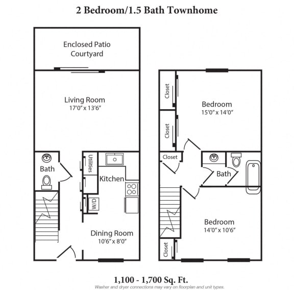 2 bed 1.5 bath floor plan B at Walnut Creek Townhomes, Ohio, 45236