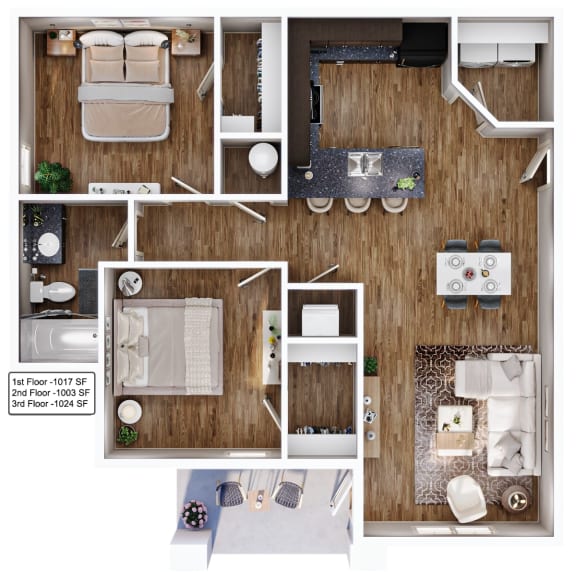 3D floor plan of 2BR/ Patio Apartment