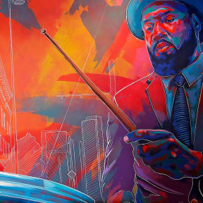 a painting of a man playing a drum with a stick