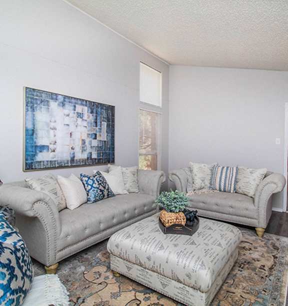 A living room with two couches and a patterned ottoman.