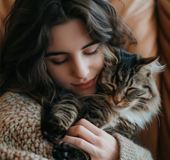 a woman holding a cat in her arms