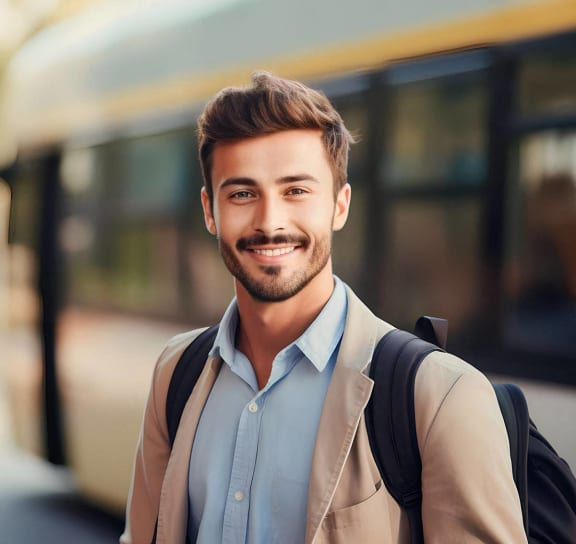 a young man with a backpack standing next to a train