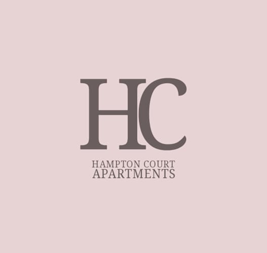 Hampton Court Apartments logo on a pink background.