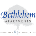 the logo apartments is a blue and white rectangle with the words