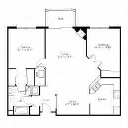 general layout of the 2 bedroom, 1 bathroom Baywood floor plan located at the pinnacle at the club at brookfield hills