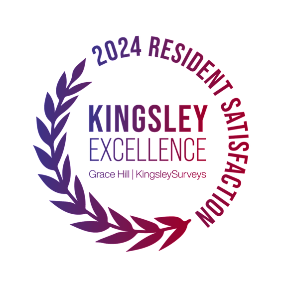 A graphic with a laurel wreath and the words "Kingsley Excellence" and "2024 Resident Satisfaction" is displayed.