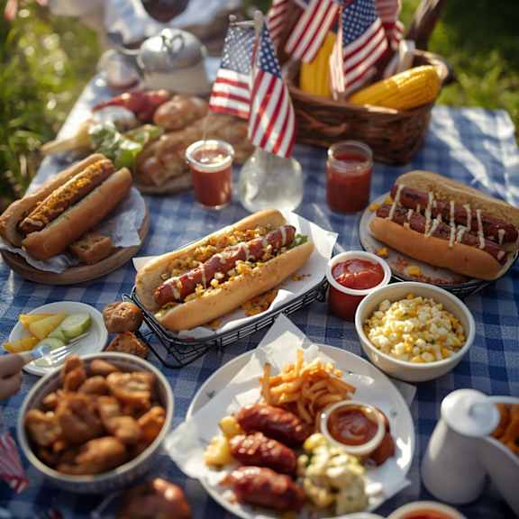 A picnic table is set with hot dogs, corn, and other foods at Castle Vista Senior Duplex Community Apartments, Atwater