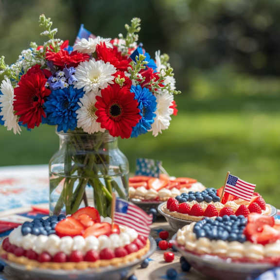 4th of July pies and festive flowers in vase at Roseville Commons Senior Living Apartments, Roseville, 95678