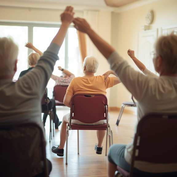 A group of elderly people are sitting in chairs and raising their arms in the air at Hilltop Commons Senior Living, Grass Valley, CA 95945