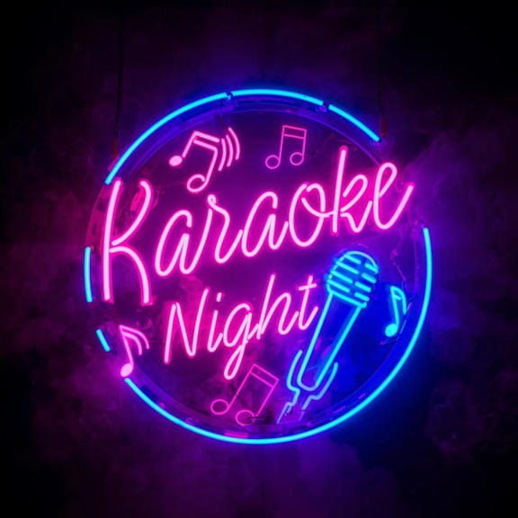 Karaoke night sign at Castle Vista Senior Duplex Community Apartments, Atwater, California