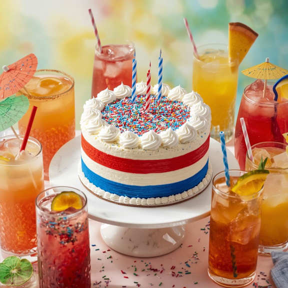 Patriotic birthday cake with summer cocktails at Roseville Commons Senior Living Apartments, Roseville, CA