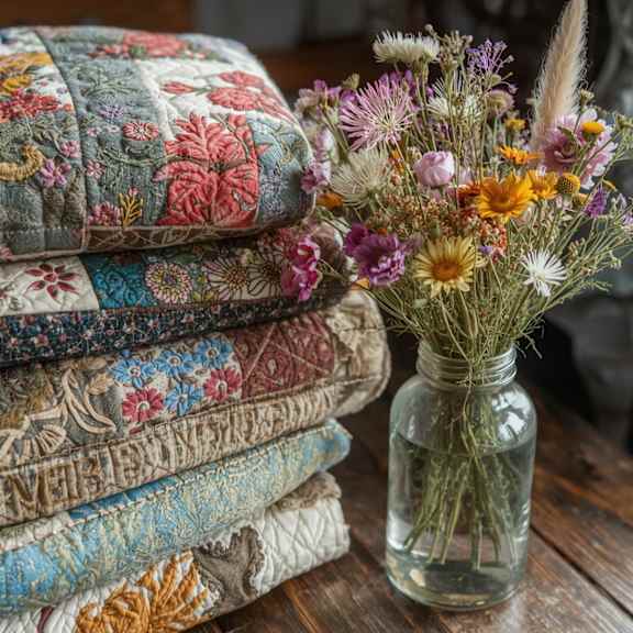 A vase of flowers sits on a table with paintbrushes and a palette.