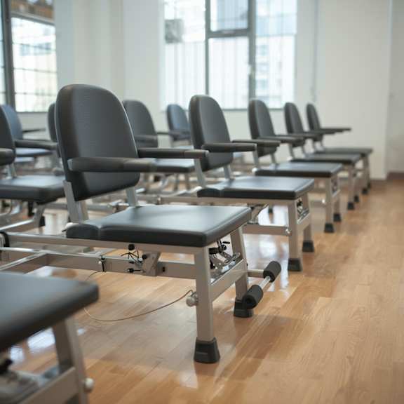 Row of chairs for exercise in room at Hilltop Commons Senior Living, Grass Valley, 95945