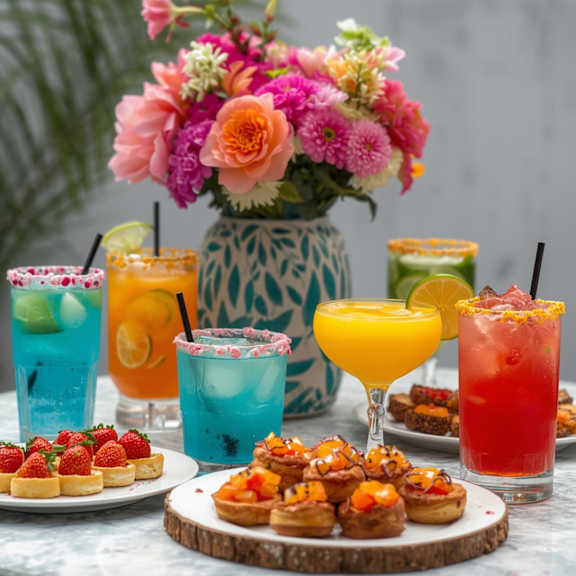 A colorful table setting with drinks and decorations.