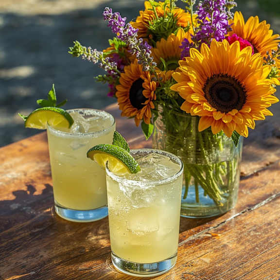 Summer margaritas with vase of summer flowers next to them at Castle Vista Senior Duplex Community Apartments, Atwater, CA 95301