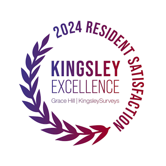 A graphic with a laurel wreath and the words "2024 RESIDENT SATISFACTION MODEL" and "KINGSLEY EXCELLENCE" is displayed.