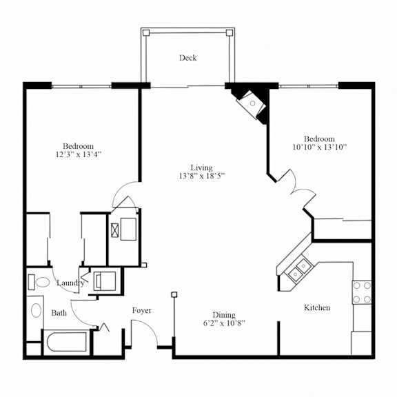 general layout of the 2 bedroom, 1 bathroom Baywood floor plan located at the pinnacle at the club at brookfield hills