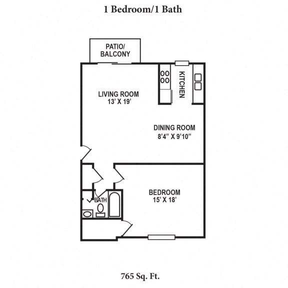 1 Bedroom 1 Bath Floor Plan at Hunter's Creek Apartments, Cincinnati, 45242