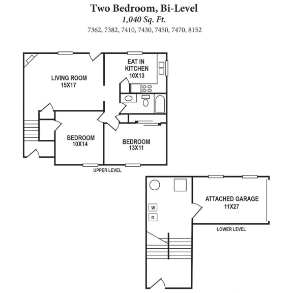 2b BiLevel 1040SqFt Floor Plan at The Villas at Kingswood, West Chester