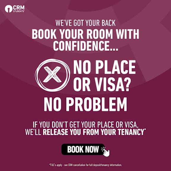 An advertisement for CRM Students offering a booking service with no place or visa required.