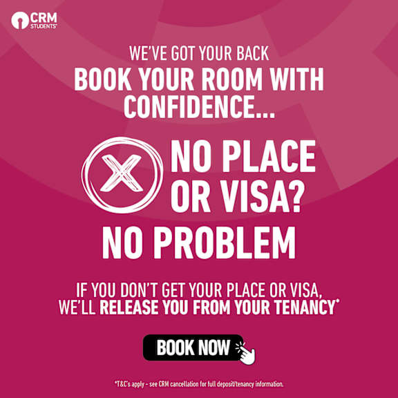 An advertisement for CRM Students offering a booking service with a guarantee of no place or visa issues.