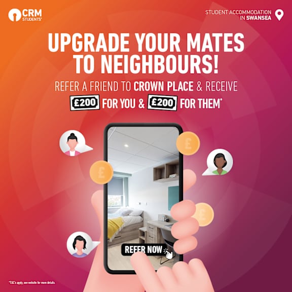 A promotional image for CRM Students offering a £200 referral bonus for students upgrading their mates to neighbours.