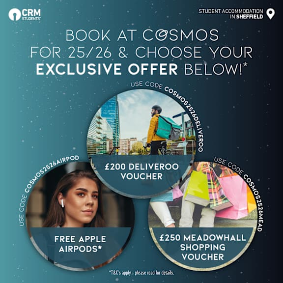An advertisement for a £200 shopping voucher when booking a selected room type at Cosmos for 25/26.
