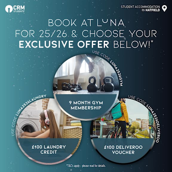 An advertisement for a 9 month gym membership and a £100 laundry credit offer.