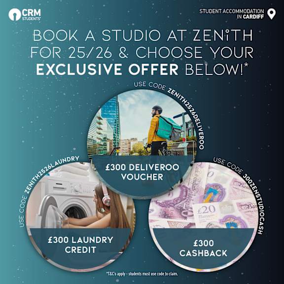 An advertisement for Zenith Studios in Cardiff offering exclusive deals for students.