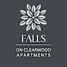 A logo for Falls on Clearwood Apartments with a flower graphic.