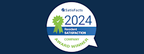 A badge indicating a company has won the Satisfacts 2024 Resident Satisfaction Award.