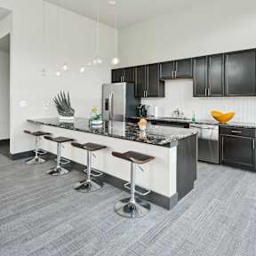 A kitchen with a marble countertop and black cabinets.