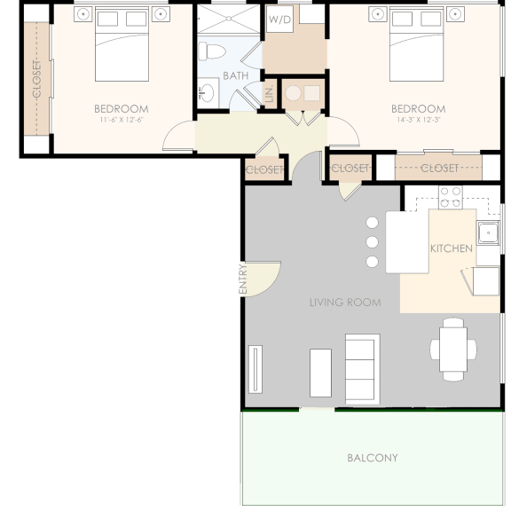 2 Bedroom 1 Bathroom Floor Plan 950 to 1,050 Sq.Ft. at Los Altos Court, Los Altos, California