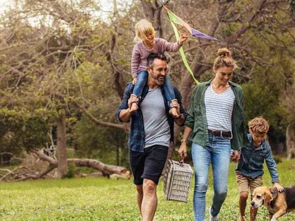 a family walking through a field with a dog and a kite