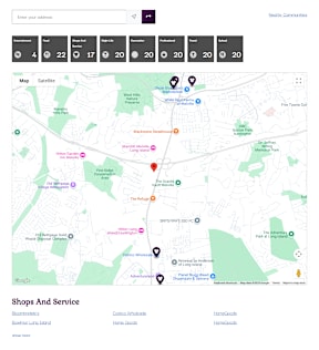 A map with various locations marked with colored pins and labels.