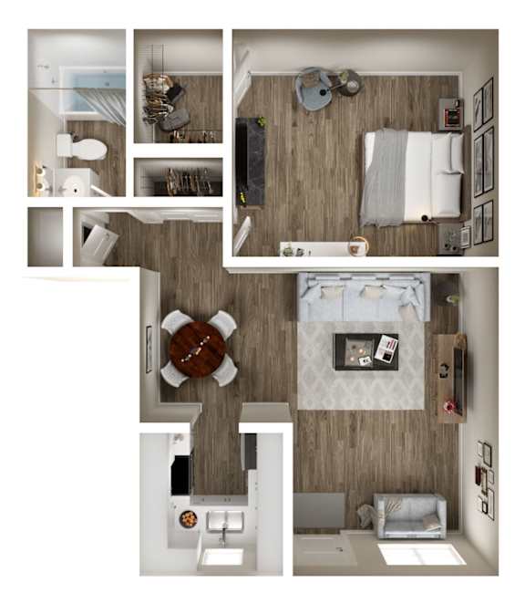 Vue on 67th 1 Bedroom Floor Plan with Vinyl Plank Flooring