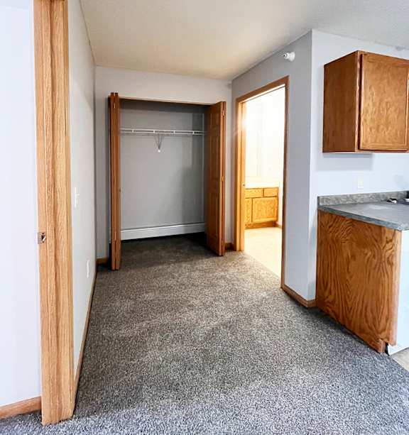 a bedroom with a bed and a ceiling fan