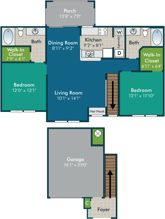 Quinn_2BR2BA Floor Plan at Abberly Green Apartment Homes by HHHunt, Mooresville, North Carolina