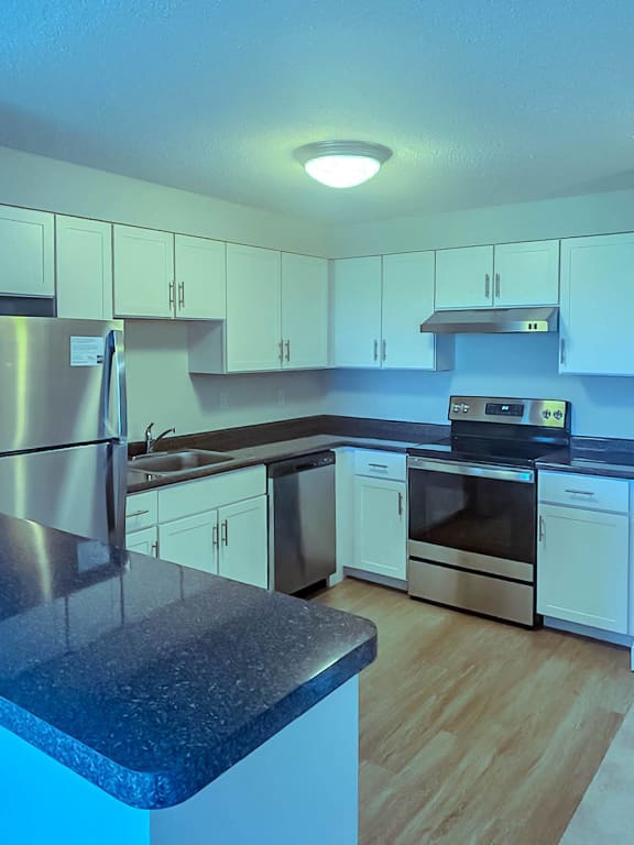a kitchen with white cabinets and stainless steel appliances