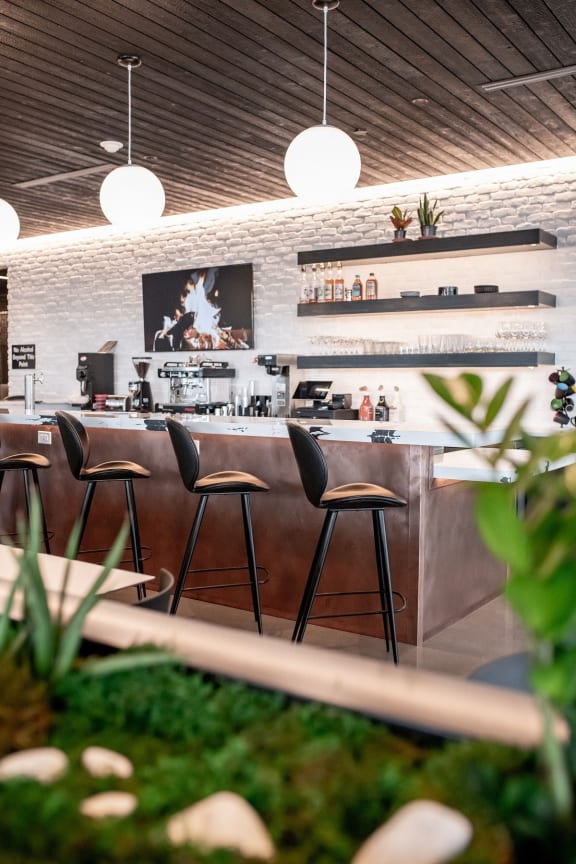 a bar with bar stools and a counter in a restaurant