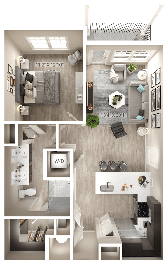 a 3d floor plan of a living room and bedroom at Icon Apartment Homes at Ferguson Farm, Bozeman, Montana