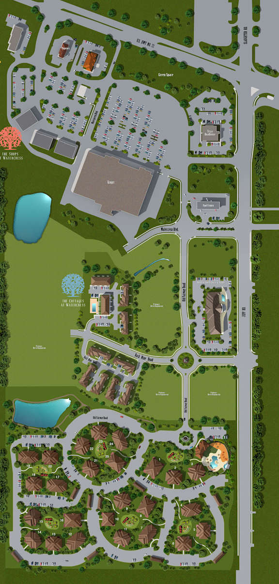 A map of a residential area with a large building in the center.